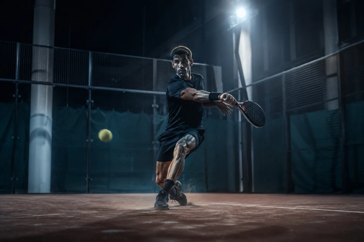 Spieler im Padel-Court schlägt eine Vorhand, Ball in der Flugbahn unscharf