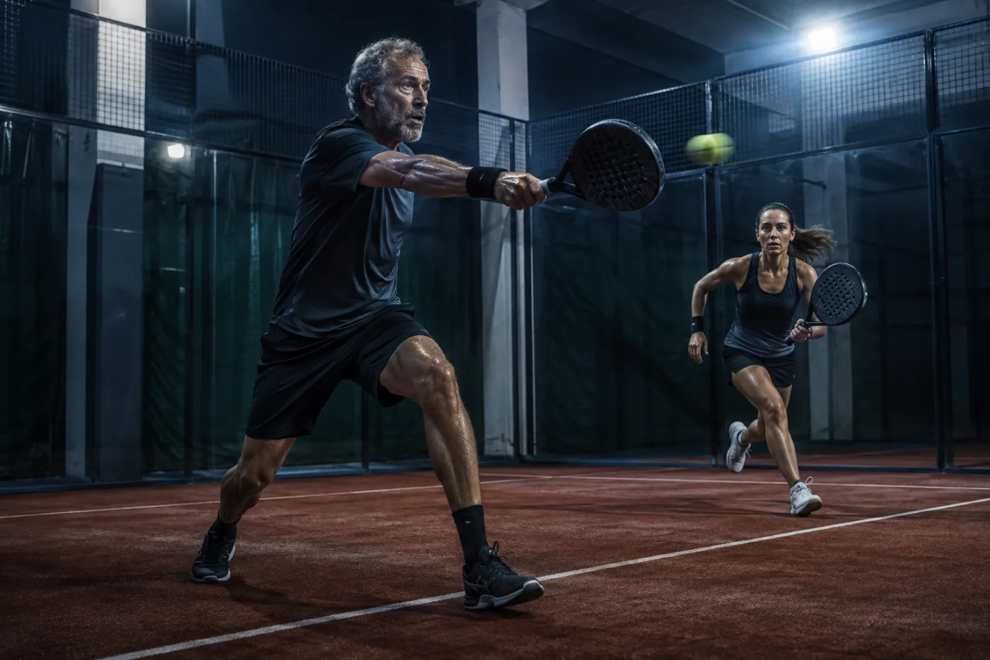 Zwei Padel-Spieler unterschiedlichen Alters im schnellen Ballwechsel am Netz